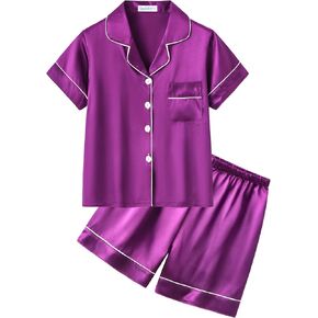CYCHELRY Big Girls Satin Pajamas Summer Short Sleeve Button Down Silky Nighty PJS 2PCS Sleepwear Set Size 8-16