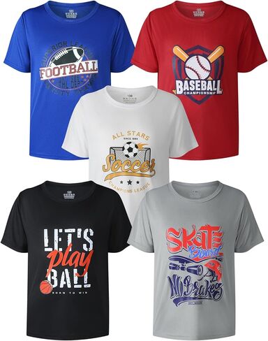 Boys' Sports Short Sleeve Crew Neck T-Shirts Kids Ball Print Tops Age for 4-14 Years 5-Pack in Saudi Arabia