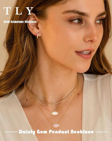 TLY Gold Necklace for Women Non Tarnish 14k Gold Plated Dainty Preppy Pendant Necklace Oval Gemstone Crystal Druzy Stone Rose Quartz Choker Necklace Birthday Wedding Everday Birthstone Jewelry Gifts for Mom in Saudi Arabia