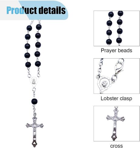 Rosary Car Rearview Mirror Pendant, Car Rear View Mirror Charm, Cross Medal Car Rearview Mirror Hanging Ornament for Men and Women, Personalized Blessing Bead Decoration Present (Black) in Saudi Arabia