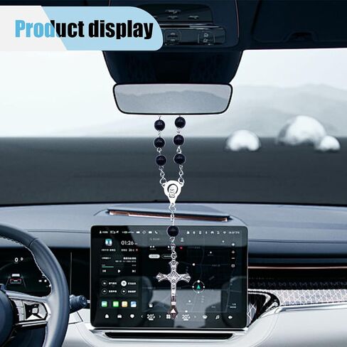 Rosary Car Rearview Mirror Pendant, Car Rear View Mirror Charm, Cross Medal Car Rearview Mirror Hanging Ornament for Men and Women, Personalized Blessing Bead Decoration Present (Black) in Saudi Arabia