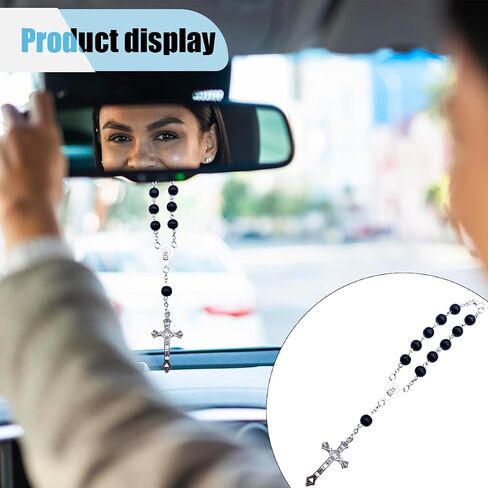 Rosary Car Rearview Mirror Pendant, Car Rear View Mirror Charm, Cross Medal Car Rearview Mirror Hanging Ornament for Men and Women, Personalized Blessing Bead Decoration Present (Black) in Saudi Arabia