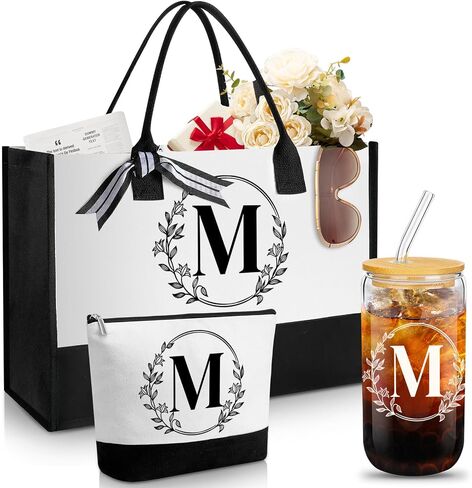 Aliceset Initial Monogram Canvas Tote Bag Personalized Makeup Bag with Zipper 16 oz Glass Cups with Lids Straws Monogrammed(Letter C) in Kuwait