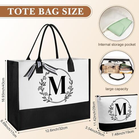 Aliceset Initial Monogram Canvas Tote Bag Personalized Makeup Bag with Zipper 16 oz Glass Cups with Lids Straws Monogrammed(Letter C) in Kuwait
