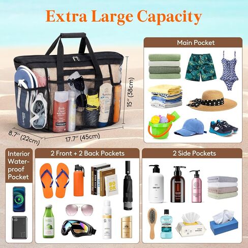 Lifewit Mesh Tote Bags for Women, Large Mesh Tote Bags with Zipper and Pockets, Lightweight Shower Caddy, Beach Essentials for Family, Pool Bag Basket for Women Vacation, Swimmers Black in Saudi Arabia