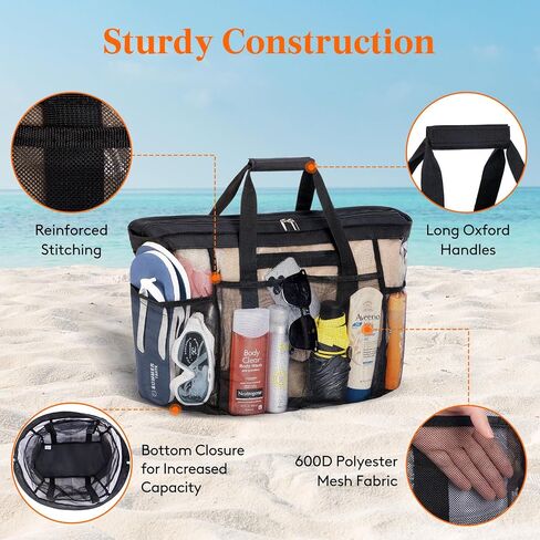 Lifewit Mesh Tote Bags for Women, Large Mesh Tote Bags with Zipper and Pockets, Lightweight Shower Caddy, Beach Essentials for Family, Pool Bag Basket for Women Vacation, Swimmers Black in Saudi Arabia
