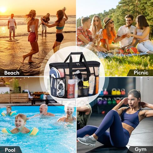 Lifewit Mesh Tote Bags for Women, Large Mesh Tote Bags with Zipper and Pockets, Lightweight Shower Caddy, Beach Essentials for Family, Pool Bag Basket for Women Vacation, Swimmers Black in Saudi Arabia