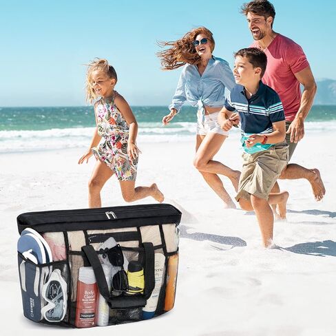Lifewit Mesh Tote Bags for Women, Large Mesh Tote Bags with Zipper and Pockets, Lightweight Shower Caddy, Beach Essentials for Family, Pool Bag Basket for Women Vacation, Swimmers Black in Saudi Arabia
