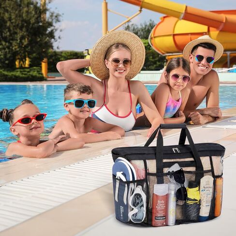 Lifewit Mesh Tote Bags for Women, Large Mesh Tote Bags with Zipper and Pockets, Lightweight Shower Caddy, Beach Essentials for Family, Pool Bag Basket for Women Vacation, Swimmers Black in Saudi Arabia