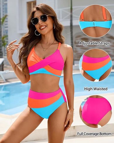 Aqua Eve Women's High Waisted Bikini - Twist Front Two Piece Swimsuits Full Coverage Color Block Bathing Suits 2025 Swimwear in Saudi Arabia