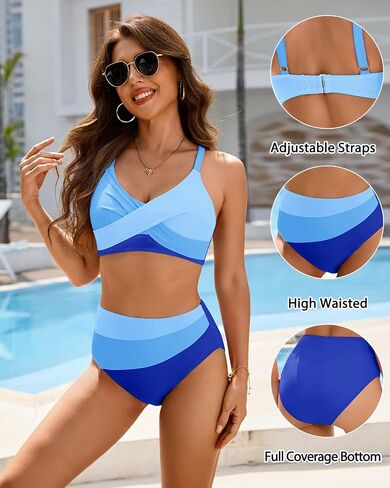 Aqua Eve Women's High Waisted Bikini - Twist Front Two Piece Swimsuits Full Coverage Color Block Bathing Suits 2025 Swimwear in Saudi Arabia