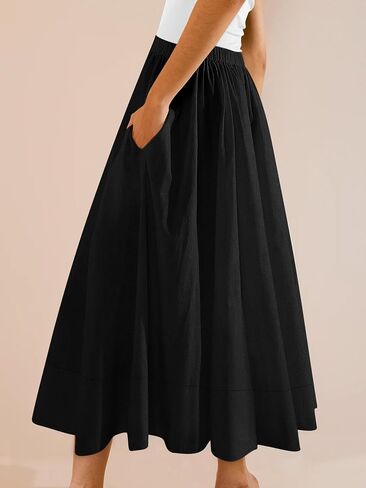 Yousify Women’s A-Line Midi Skirts Casual Elastic High Waist Flowy Swing Pleated Beach Boho Long Skirt with Pocket in Kuwait