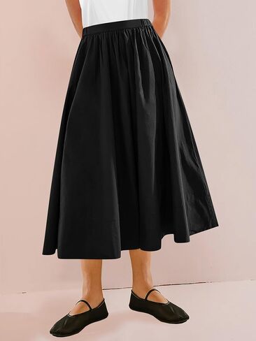 Yousify Women’s A-Line Midi Skirts Casual Elastic High Waist Flowy Swing Pleated Beach Boho Long Skirt with Pocket in Kuwait