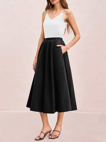 Yousify Women’s A-Line Midi Skirts Casual Elastic High Waist Flowy Swing Pleated Beach Boho Long Skirt with Pocket in Kuwait