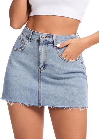 Aimilia Women's Denim Jean تنورة غير رسمية زر مسدود مصغر حافة خام مستقيمة zip fly mid mid rais in Kuwait