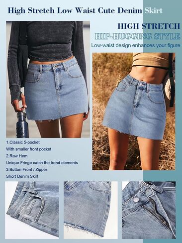 Aimilia Women's Denim Jean تنورة غير رسمية زر مسدود مصغر حافة خام مستقيمة zip fly mid mid rais in Kuwait