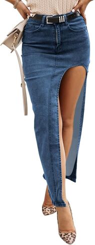 Wenrine Women's Sexy High Waist Denim Skirt Split Zip Up Jean Skirt Casual Maxi Skirt with Pockets in Kuwait