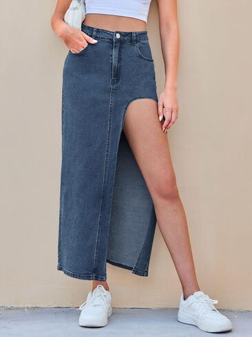 Wenrine Women's Sexy High Waist Denim Skirt Split Zip Up Jean Skirt Casual Maxi Skirt with Pockets in Kuwait