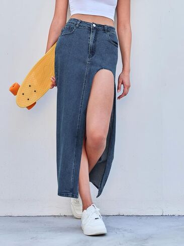 Wenrine Women's Sexy High Waist Denim Skirt Split Zip Up Jean Skirt Casual Maxi Skirt with Pockets in Kuwait