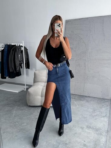 Wenrine Women's Sexy High Waist Denim Skirt Split Zip Up Jean Skirt Casual Maxi Skirt with Pockets in Kuwait