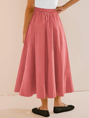 Yousify Women’s A-Line Midi Skirts Casual Elastic High Waist Flowy Swing Pleated Beach Boho Long Skirt with Pocket in Kuwait
