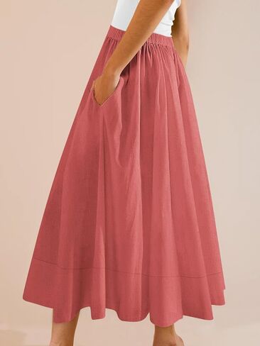 Yousify Women’s A-Line Midi Skirts Casual Elastic High Waist Flowy Swing Pleated Beach Boho Long Skirt with Pocket in Kuwait