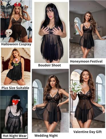 Avidlove Women Lingerie Lace Babydoll Mesh Nightgown Chemise Boudoir Nighty Sleepwear in Saudi Arabia
