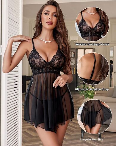 Avidlove Women Lingerie Lace Babydoll Mesh Nightgown Chemise Boudoir Nighty Sleepwear in Saudi Arabia