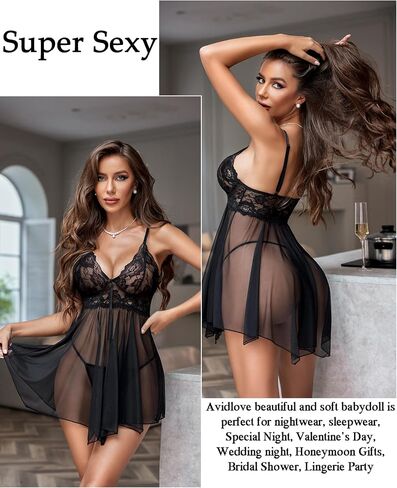Avidlove Women Lingerie Lace Babydoll Mesh Nightgown Chemise Boudoir Nighty Sleepwear in Saudi Arabia