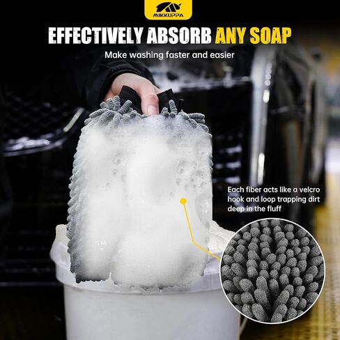 MIKKUPPA Car Wash Mitt Microfiber - Double-Sided Chenille Scratch Free Mitt with Waterproof Inner for Car Washing Home Cleaning (Gray, 2Pack, 10'' x 7'') in Kuwait