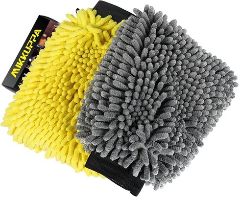 MIKKUPPA Car Wash Mitt Microfiber - Double-Sided Chenille Scratch Free Mitt with Waterproof Inner for Car Washing Home Cleaning (Gray, 2Pack, 10'' x 7'') in Kuwait