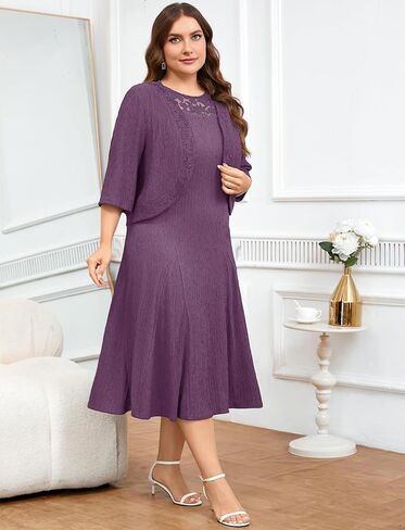 ZOMVA Plus Size Mother of The Bride Groom Dresses for Curvy Women 2 Piece Wedding Guest Dress with Jacket Tea Length in Saudi Arabia