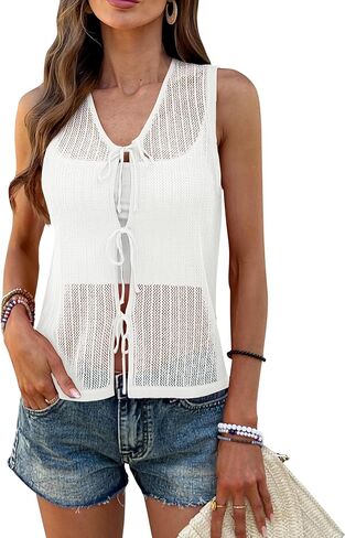 BB&KK Womens Crochet Tops Tie Front Sleeveless Sweater Vest Knit Tops 2025 Summer Cardigan Hollow Out Beach Cover Up in Saudi Arabia