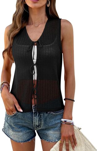 BB&KK Womens Crochet Tops Tie Front Sleeveless Sweater Vest Knit Tops 2025 Summer Cardigan Hollow Out Beach Cover Up in Saudi Arabia