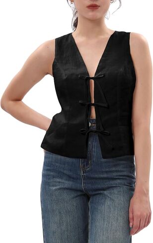 Amazhiyu Women's 100% Linen Tie Front Crop Tops Sleeveless Summer Casual Vest in Kuwait