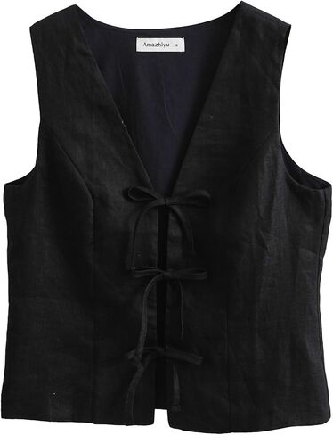 Amazhiyu Women's 100% Linen Tie Front Crop Tops Sleeveless Summer Casual Vest in Kuwait
