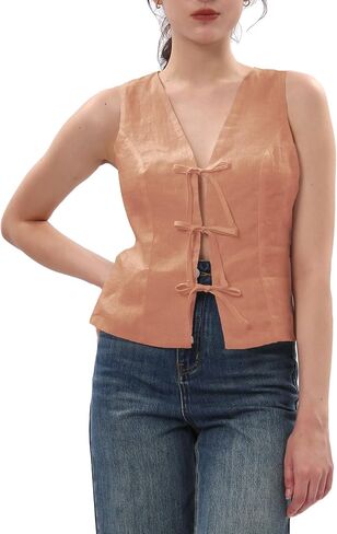 Amazhiyu Women's 100% Linen Tie Front Crop Tops Sleeveless Summer Casual Vest in Kuwait