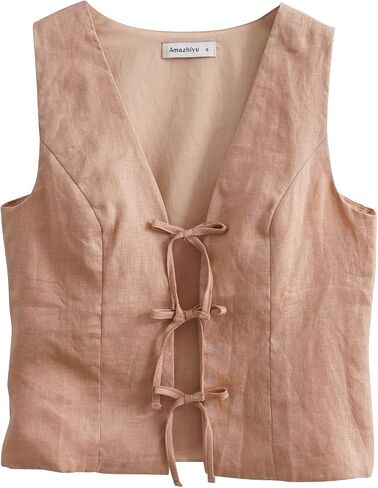 Amazhiyu Women's 100% Linen Tie Front Crop Tops Sleeveless Summer Casual Vest in Kuwait