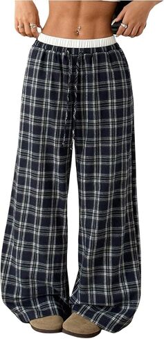 Girl's Plaid Wide Leg Track Pants Elastic Waist Baggy Long Trousers with Pockets in Saudi Arabia