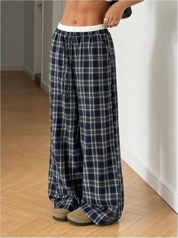 Girl's Plaid Wide Leg Track Pants Elastic Waist Baggy Long Trousers with Pockets in Saudi Arabia