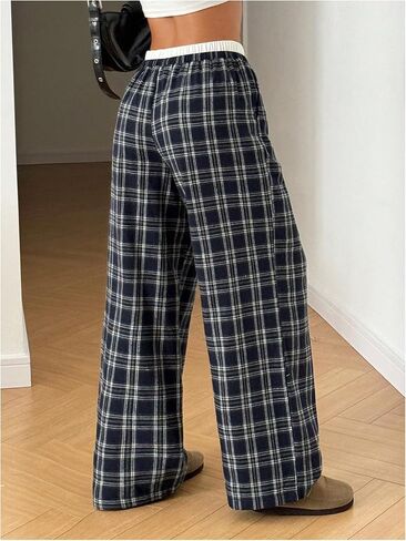 Girl's Plaid Wide Leg Track Pants Elastic Waist Baggy Long Trousers with Pockets in Saudi Arabia