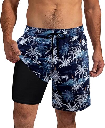 XiaoMoSha Mens Swim Trunks with Compression Liner 7" Quick Dry Board Shorts Bathing Suit with Pockets Swimwear Swimsuit S-2XL in Kuwait