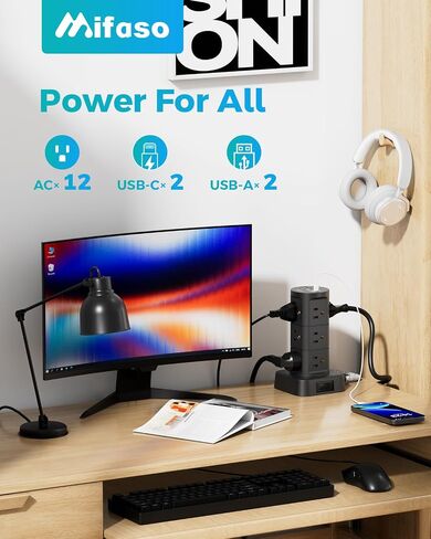 Power Strips with Surge Protection, Flat Plug Power Strip with 12 Outlets 4 USB Ports, Surge Protector Tower 1875W/15A 1080J, 6Ft Extension Cord with Multiple Outlets, Office Supplies, Dorm Essentials in Saudi Arabia