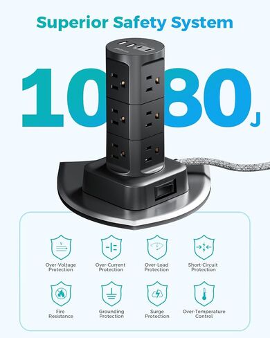 Power Strips with Surge Protection, Flat Plug Power Strip with 12 Outlets 4 USB Ports, Surge Protector Tower 1875W/15A 1080J, 6Ft Extension Cord with Multiple Outlets, Office Supplies, Dorm Essentials in Saudi Arabia