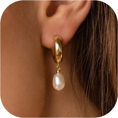 Pearl Earrings for Women 14K Gold Freshwater Pearl Huggie Hoop Earring Dangle Drop Wedding Earrings Bridal Bridesmaid Jewelry Gifts for Women in Saudi Arabia