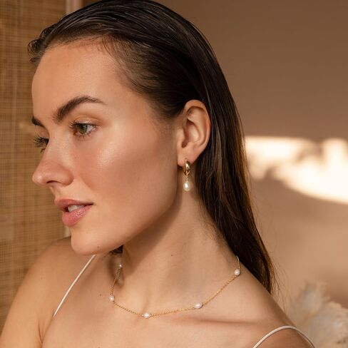 Pearl Earrings for Women 14K Gold Freshwater Pearl Huggie Hoop Earring Dangle Drop Wedding Earrings Bridal Bridesmaid Jewelry Gifts for Women in Saudi Arabia