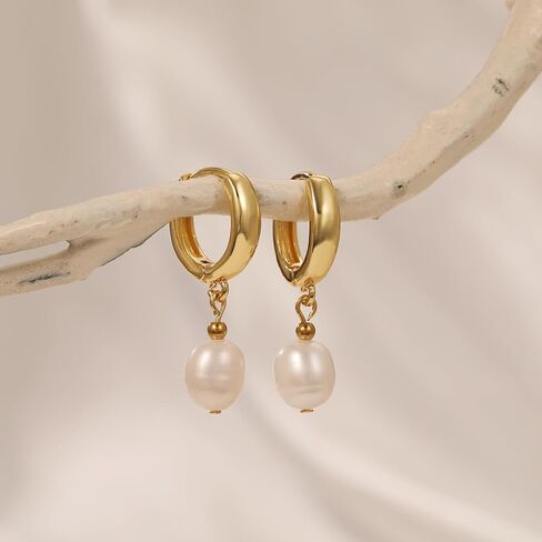 Pearl Earrings for Women 14K Gold Freshwater Pearl Huggie Hoop Earring Dangle Drop Wedding Earrings Bridal Bridesmaid Jewelry Gifts for Women in Saudi Arabia