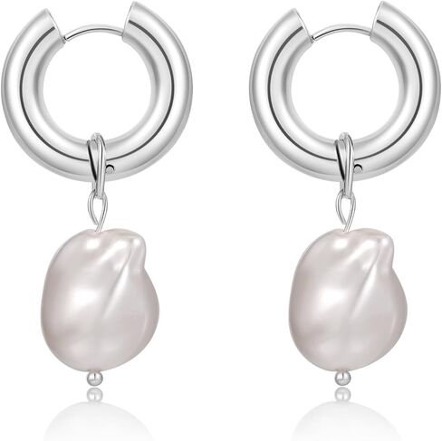 Pearl Earrings for Women 14K Gold Freshwater Pearl Huggie Hoop Earring Dangle Drop Wedding Earrings Bridal Bridesmaid Jewelry Gifts for Women in Saudi Arabia