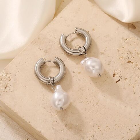 Pearl Earrings for Women 14K Gold Freshwater Pearl Huggie Hoop Earring Dangle Drop Wedding Earrings Bridal Bridesmaid Jewelry Gifts for Women in Saudi Arabia