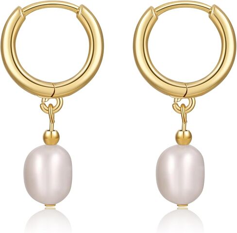 Pearl Earrings for Women 14K Gold Freshwater Pearl Huggie Hoop Earring Dangle Drop Wedding Earrings Bridal Bridesmaid Jewelry Gifts for Women in Saudi Arabia